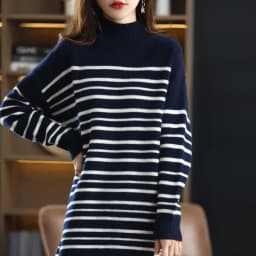 2021 Office Lady Knitted Sweater Dress Women Long Sleeve Half a turtlene Vintage Striped Casual Female Long Dress Fashion Autumn