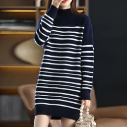 2021 Office Lady Knitted Sweater Dress Women Long Sleeve Half a turtlene Vintage Striped Casual Female Long Dress Fashion Autumn