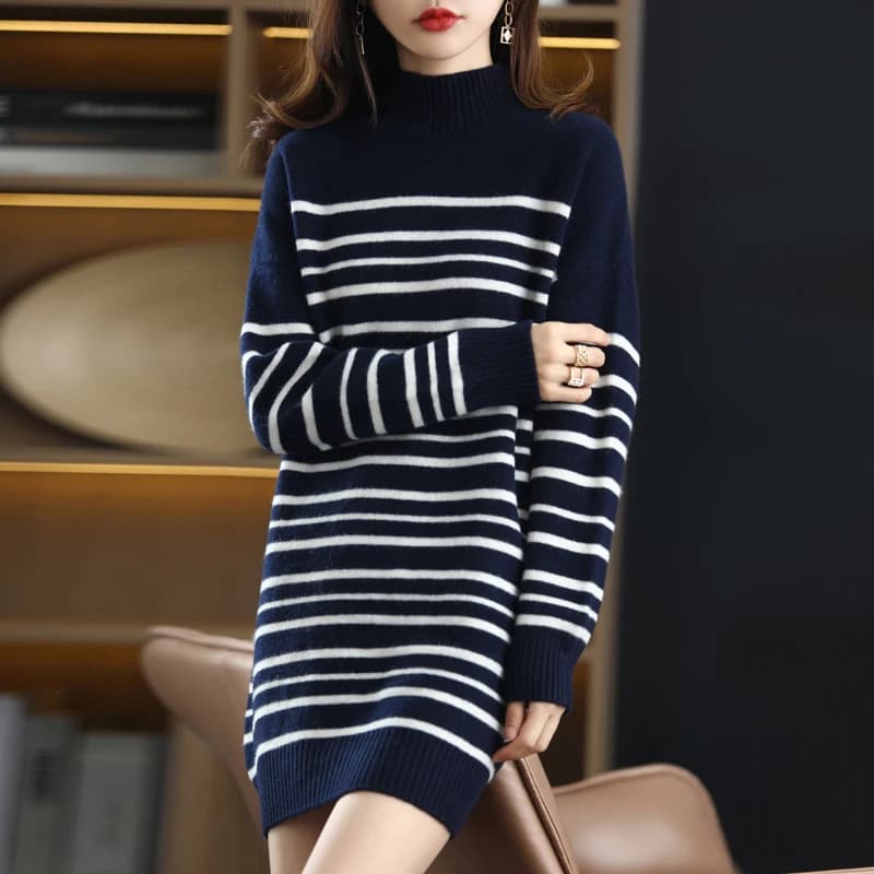 2021 Office Lady Knitted Sweater Dress Women Long Sleeve Half a turtlene Vintage Striped Casual Female Long Dress Fashion Autumn