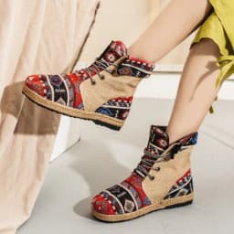 Spring Women Hemp Ankle Boots High-Cut Lace-Up Patchwork Leisure Shoes Ladies Retro Embroidered Short Booties Flat Heel Sneakers