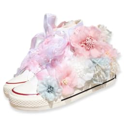 Womens Round Toe Sneakers DIY Flowers Shiny Girls Shoes Casual Sweet Breathable Laides High-top Canvas Pearl Beach