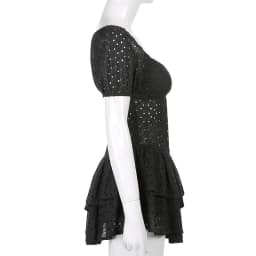 V Neck Ruffles Pleated Women's Dress Puff Sleeve Chic Black Summer Party Mini Dresses Hollow Out Vintage Corset Vestidos Ladies