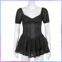 V Neck Ruffles Pleated Women's Dress Puff Sleeve Chic Black Summer Party Mini Dresses Hollow Out Vintage Corset Vestidos Ladies