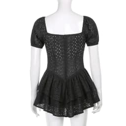 V Neck Ruffles Pleated Women's Dress Puff Sleeve Chic Black Summer Party Mini Dresses Hollow Out Vintage Corset Vestidos Ladies