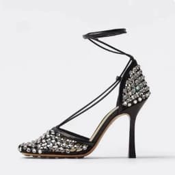 Luxury Woman Black Apricot Pink Bling Diamond Crystal Hollow Out Mesh Square Toe Sandals Female Lace Up Stiletto Heels Shoes