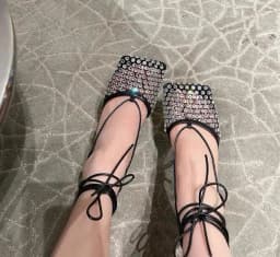 Luxury Woman Black Apricot Pink Bling Diamond Crystal Hollow Out Mesh Square Toe Sandals Female Lace Up Stiletto Heels Shoes