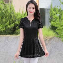 UHYTGF Womens Blouse Hollow Lace V-Neck Pullover Solid Wild Summer Shirt Elegant Female Clothing Chiffon 5XL Big Size Tops 2085