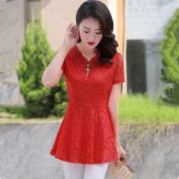 UHYTGF Womens Blouse Hollow Lace V-Neck Pullover Solid Wild Summer Shirt Elegant Female Clothing Chiffon 5XL Big Size Tops 2085