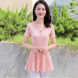 UHYTGF Womens Blouse Hollow Lace V-Neck Pullover Solid Wild Summer Shirt Elegant Female Clothing Chiffon 5XL Big Size Tops 2085