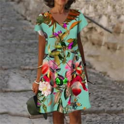 2023 New Summer Flowers Plant 3D Print Women Dresses Oversized Clothing Retro Short Sleeve V-Neck Dress Female Sundress Vestidos