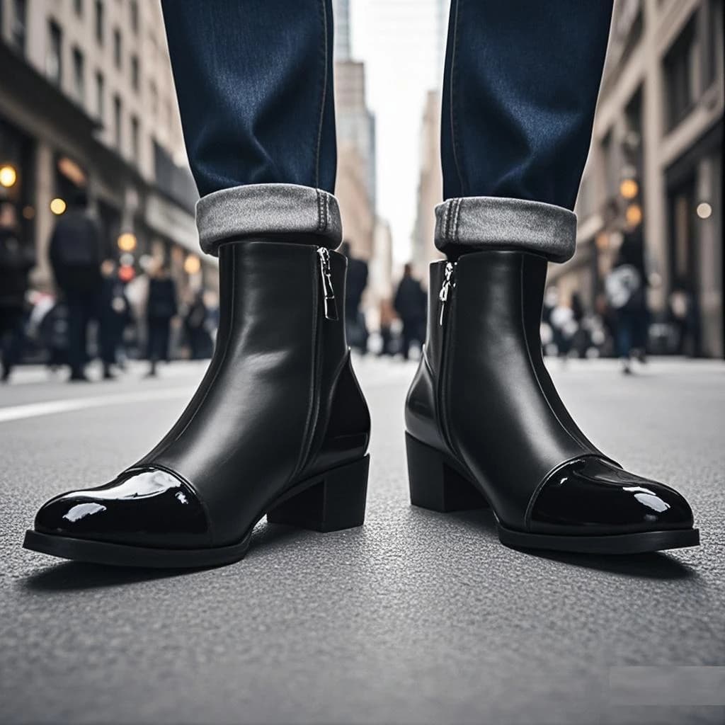 Spring andAutumn Men High-heeled Square head Stage Catwalk Wedding Boots top layer cowhide Thick Heel Party Heighten men's Boots