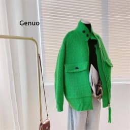 Women Fashion Oversized Jacket Women Girl Fall Winter Full Sleeve Knitted sweaters Jacket Stand Neck Basic Knitwear Short Coats