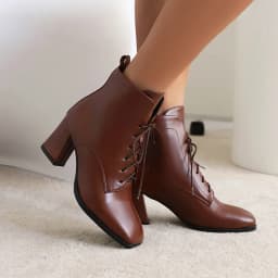 Plus Size Square Toe Thick Heel Lace-Up Boots Korean Version Of Casual Style Women's Ankle Boots Autumn New Cheap Shoes