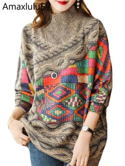 Amax luluE Fall Fashion Turtleneck Sweaters Womens Loose Casual Printed Knitted Pullover Clothes Vintage Luxury Jumpers Knitwear