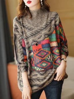 Amax luluE Fall Fashion Turtleneck Sweaters Womens Loose Casual Printed Knitted Pullover Clothes Vintage Luxury Jumpers Knitwear