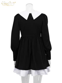 Clacive Fashion Doll Collar Black Dresses For Women 2022 Casual Lantern Sleeve Office Mini Dress Ladies Elegant Patchwork Dress