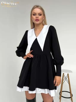 Clacive Fashion Doll Collar Black Dresses For Women 2022 Casual Lantern Sleeve Office Mini Dress Ladies Elegant Patchwork Dress