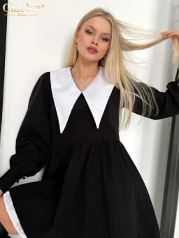 Clacive Fashion Doll Collar Black Dresses For Women 2022 Casual Lantern Sleeve Office Mini Dress Ladies Elegant Patchwork Dress