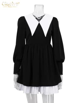 Clacive Fashion Doll Collar Black Dresses For Women 2022 Casual Lantern Sleeve Office Mini Dress Ladies Elegant Patchwork Dress