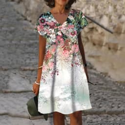 3D Peacock Floral Print Dresses For Summer 2022 New Women Fashion Short Sleeve V-Neck Loose Dress Vintage Oversized Ladies Dress
