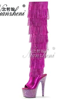 Gold Gothic Stripper Heels Over The Knee Boots 7Inch Fringe Rhinestone High Heels Exotic Dancer 17cm Over The Knee Boots Catwalk