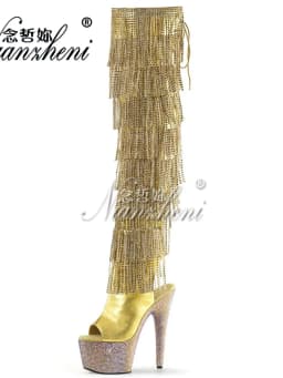 Gold Gothic Stripper Heels Over The Knee Boots 7Inch Fringe Rhinestone High Heels Exotic Dancer 17cm Over The Knee Boots Catwalk