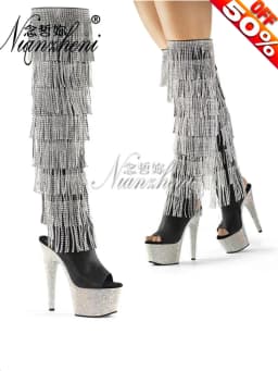 Gold Gothic Stripper Heels Over The Knee Boots 7Inch Fringe Rhinestone High Heels Exotic Dancer 17cm Over The Knee Boots Catwalk