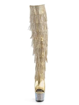 Gold Gothic Stripper Heels Over The Knee Boots 7Inch Fringe Rhinestone High Heels Exotic Dancer 17cm Over The Knee Boots Catwalk