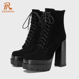 PRXDONG Women's Quality Brand Thick Platform Women's Ankle Boots Zipper Black Female Booties High Heels Party Dress Lady Shoes