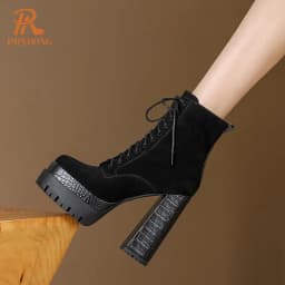 PRXDONG Women's Quality Brand Thick Platform Women's Ankle Boots Zipper Black Female Booties High Heels Party Dress Lady Shoes
