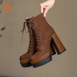 PRXDONG Women's Quality Brand Thick Platform Women's Ankle Boots Zipper Black Female Booties High Heels Party Dress Lady Shoes