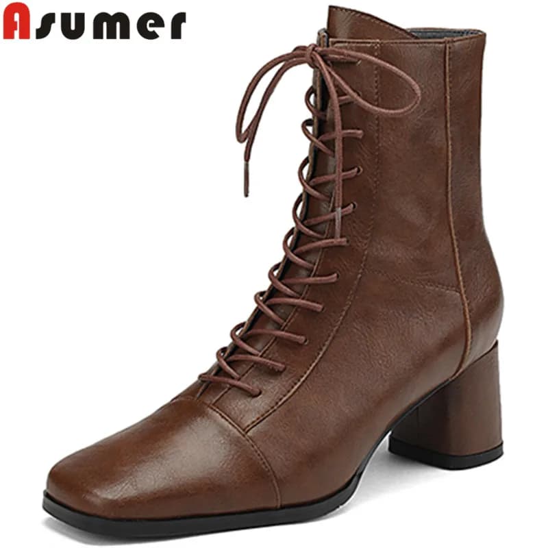 ASUMER 2024 New Zipper Thick High Heels Shoes Narrow Band Genuine Leather Boots Woman Winter Autumn Ladies Ankle Boots