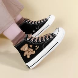 Amy and Michael Cute Anime Cartoon Bear Canvas Sneakers Lovely Girls Students Black High Top Woman Vulcanize Shoes Retro Flats