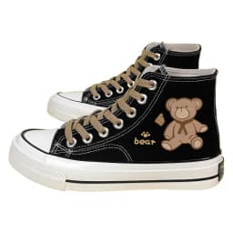 Amy and Michael Cute Anime Cartoon Bear Canvas Sneakers Lovely Girls Students Black High Top Woman Vulcanize Shoes Retro Flats