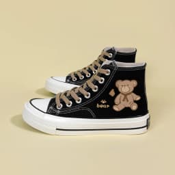 Amy and Michael Cute Anime Cartoon Bear Canvas Sneakers Lovely Girls Students Black High Top Woman Vulcanize Shoes Retro Flats