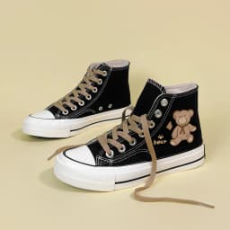 Amy and Michael Cute Anime Cartoon Bear Canvas Sneakers Lovely Girls Students Black High Top Woman Vulcanize Shoes Retro Flats