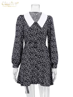 Clacive Fashion Slim Print Women'S Dresses 2023 Elegant Lapel Long Sleeve Office Lady Mini Dress Casual High Waist Female Dress