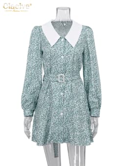 Clacive Fashion Slim Print Women'S Dresses 2023 Elegant Lapel Long Sleeve Office Lady Mini Dress Casual High Waist Female Dress