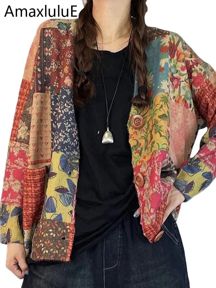 Amax luluE Winter Vintage Printed V-Neck Sweaters Womens Loose Leisure Cardigans Gothic Females Harajuku Pocket Floral Clothing