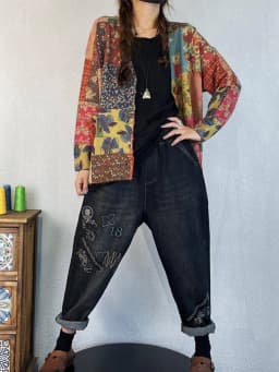 Amax luluE Winter Vintage Printed V-Neck Sweaters Womens Loose Leisure Cardigans Gothic Females Harajuku Pocket Floral Clothing
