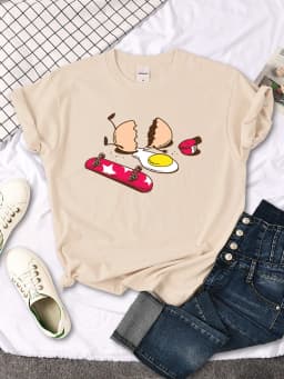 Short Sleeve Tops Funny Broken Egg And Skateboard Woman Tshirt Korean Style Hip Hop T-Shirt For Women Harajuku Casual Clothes