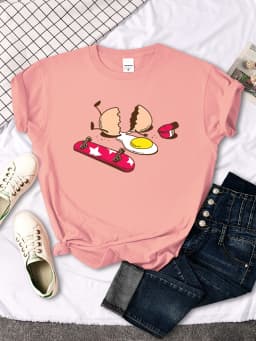 Short Sleeve Tops Funny Broken Egg And Skateboard Woman Tshirt Korean Style Hip Hop T-Shirt For Women Harajuku Casual Clothes