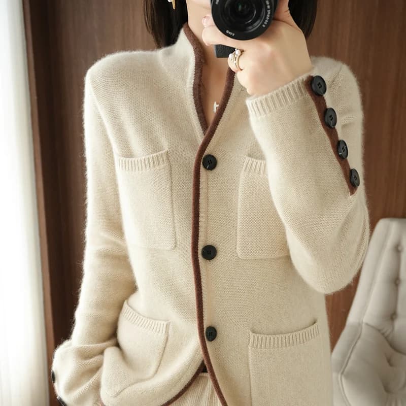 100% Cashmere / Wool Sweater Autumn/Winter 2021 Women's Stand-up Collar Cardigan Casual Knit Tops Korean Plus Size Female Jacket
