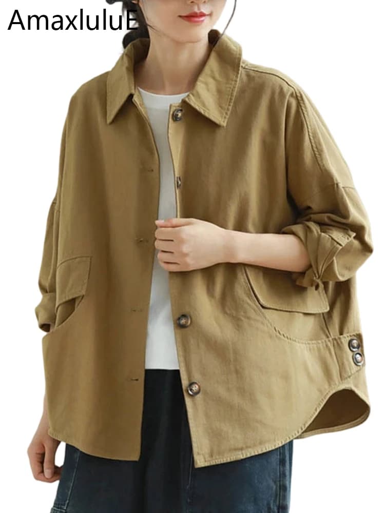 Amax LuluE Autumn 2025 Outerwear Womens Khaki Korean Style Vintage Jacket Basic Lady Casual Coat Button Harajuku Loose Clothing