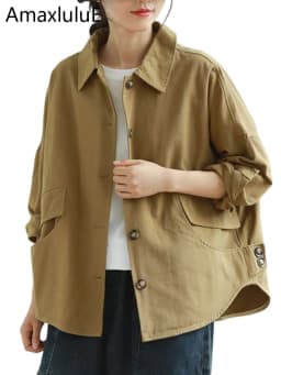Amax LuluE Autumn 2025 Outerwear Womens Khaki Korean Style Vintage Jacket Basic Lady Casual Coat Button Harajuku Loose Clothing
