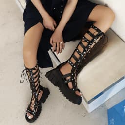 Patent Leather Hollow Cross Straps Roman Style Women's Sandals Metal Rivets Waterproof Platform To Increase The Height Sandals
