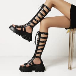 Patent Leather Hollow Cross Straps Roman Style Women's Sandals Metal Rivets Waterproof Platform To Increase The Height Sandals