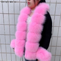 HU QIU MEI SI Women Real Fox Fur Knitted Cardigan Woolen Sweater with Real Fox Fur Collar and Raccoon Fur Collar Cardigan