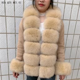 HU QIU MEI SI Women Real Fox Fur Knitted Cardigan Woolen Sweater with Real Fox Fur Collar and Raccoon Fur Collar Cardigan