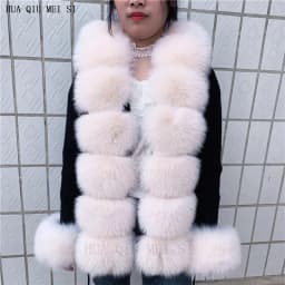 HU QIU MEI SI Women Real Fox Fur Knitted Cardigan Woolen Sweater with Real Fox Fur Collar and Raccoon Fur Collar Cardigan